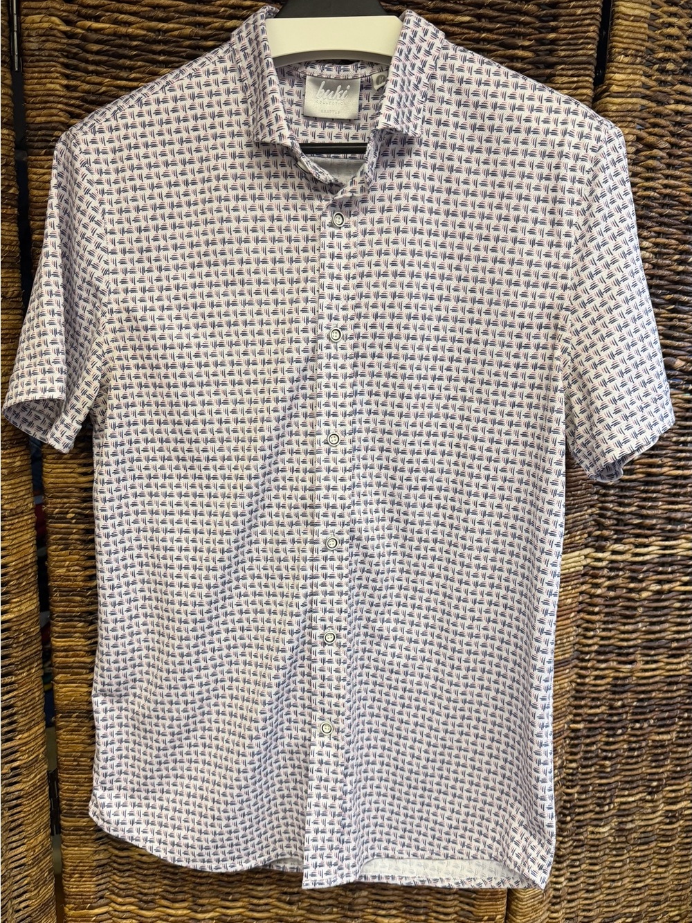 buki - Mens White Short-Sleeve Button-Down w/Blue Micro Print- Medium